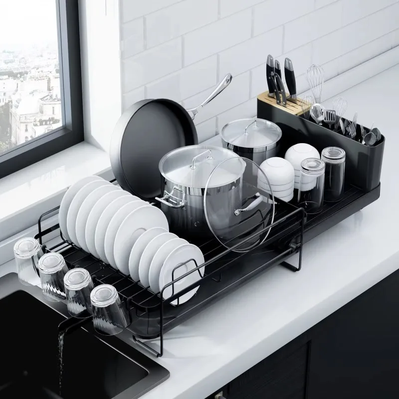 OEM Large Multi-functional Anti-Rust Dish Drying Rack Extendable  Black Storage Holder Kitchen Counter Holders