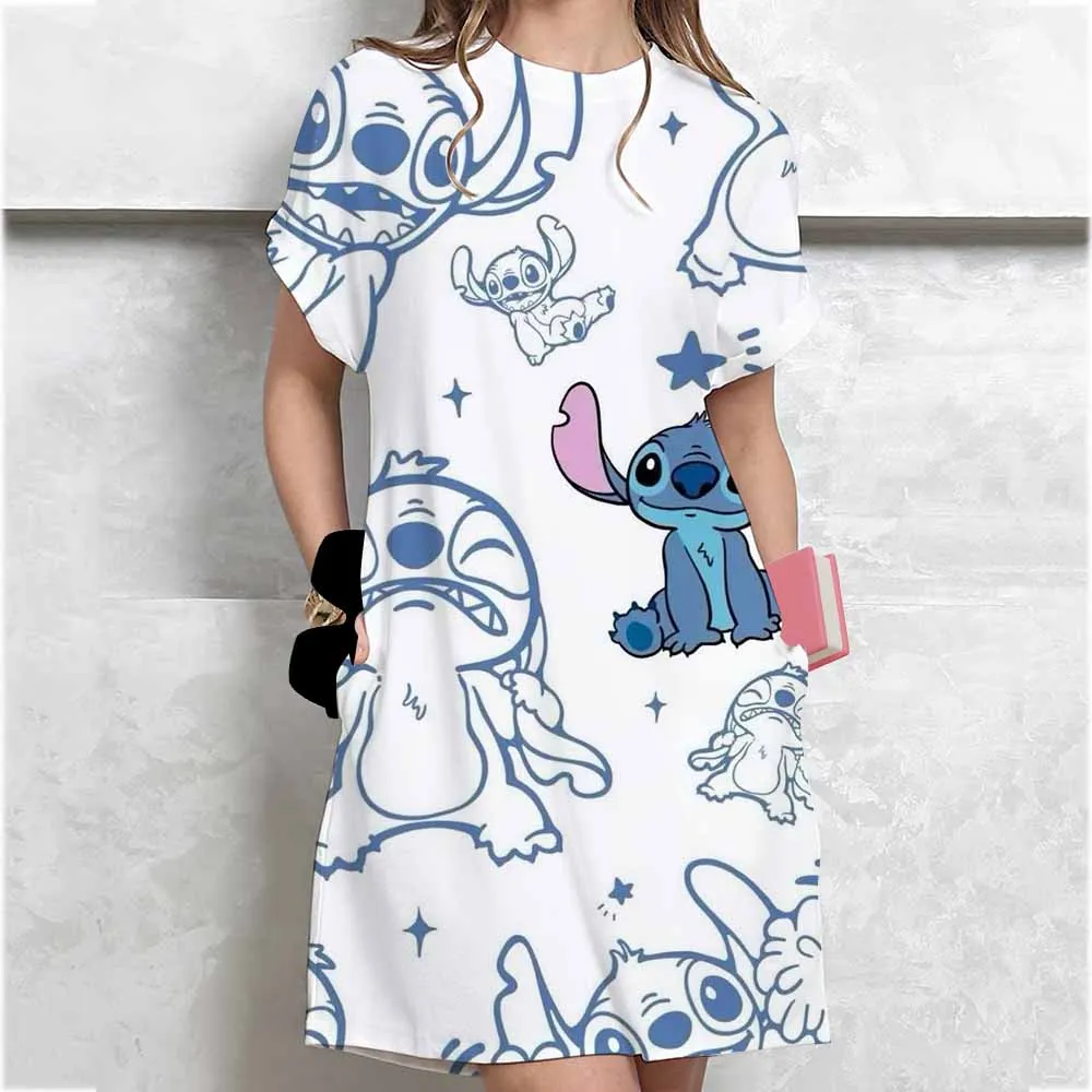 Women's plus size summer Disney Lilo&Stitch printed short sleeved round neck casual T-shirt dress casual sexy dress loose dress