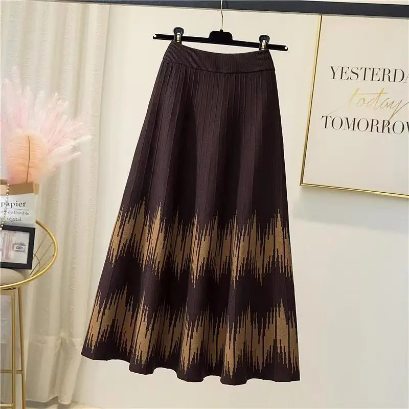 가을 겨울 니트 스트라이프 플리츠 스커트 여성 캐주얼 밴딩 기하학 프린트 두꺼운 따뜻한 미디 롱 스커트