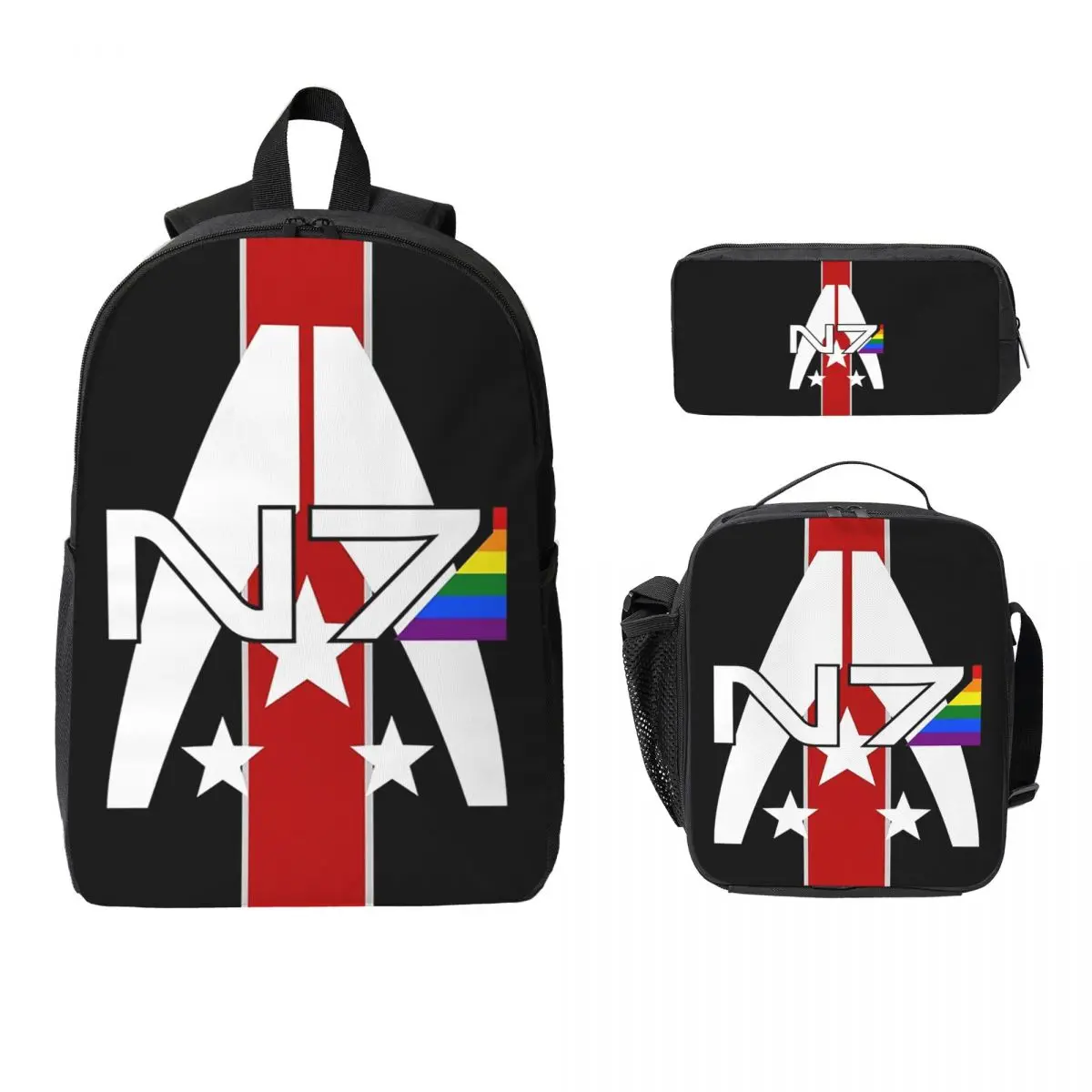 

N7 Pride, Mass Effect Backpack Student BookBag School Bag Computer Shoulder Bags 3ps Insulated Lunch Bag Pencil Case