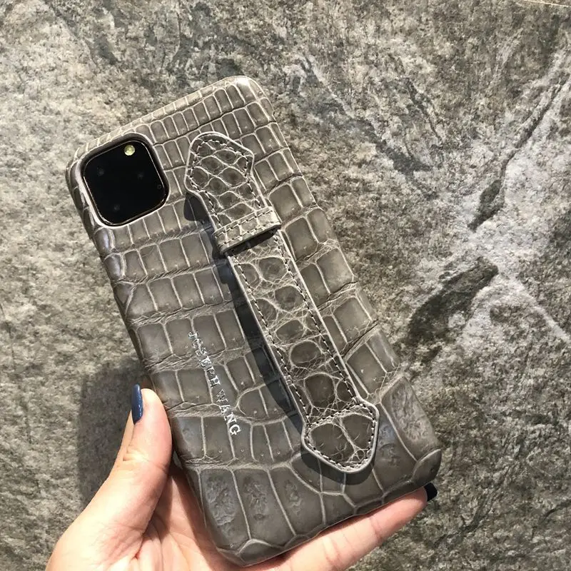 

Real Alligator Natural Crocodile Leather Cover Back Phone Case For iPhone 11 12 13 14 15 Pro Max Mini Finger Holder Handle Grip