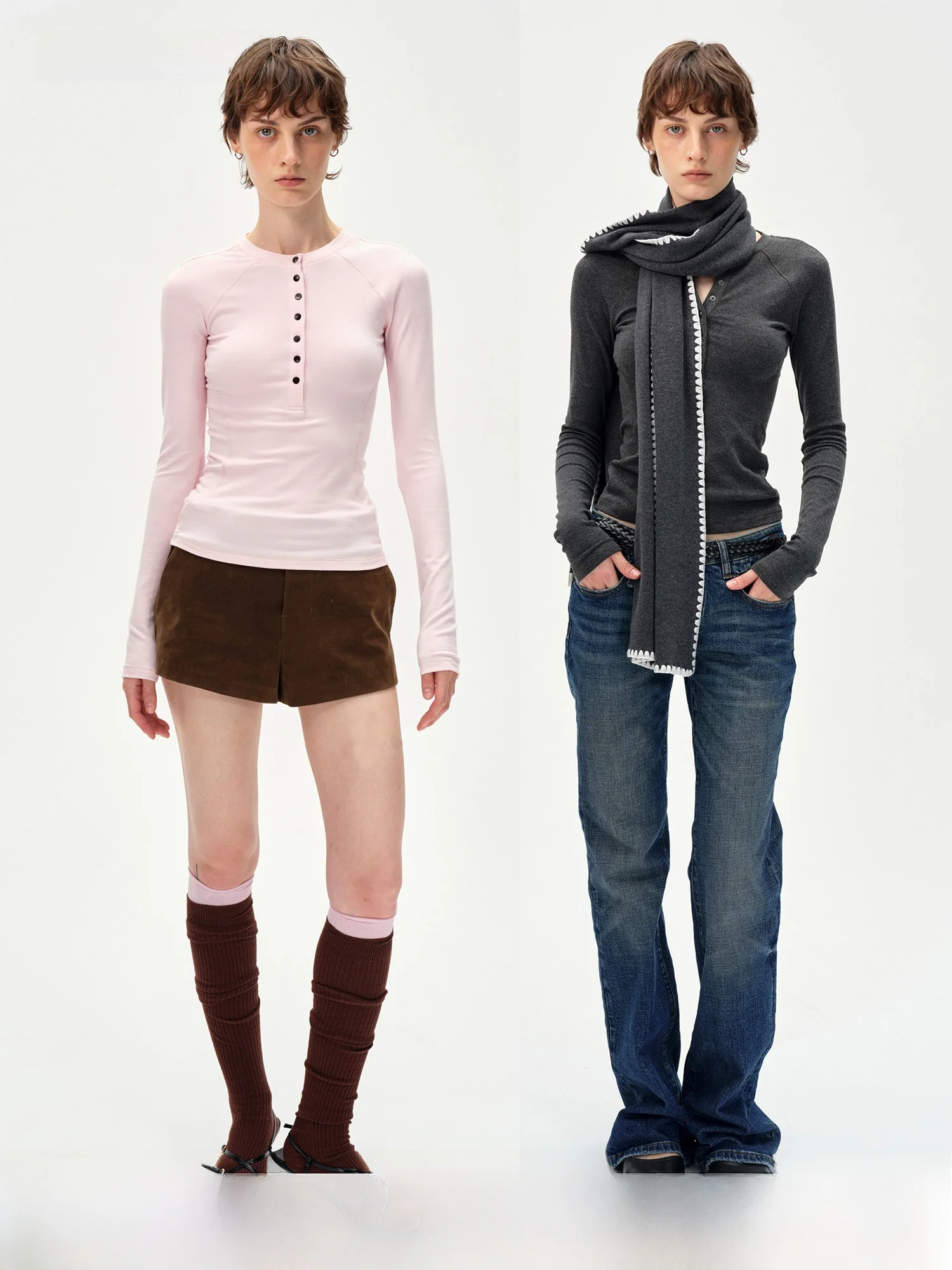 

Curri And Women's Slim Fit Long Sve T-irt Henry Sle Base irt f Open Collar Casual Cotton Blend High Waist Design