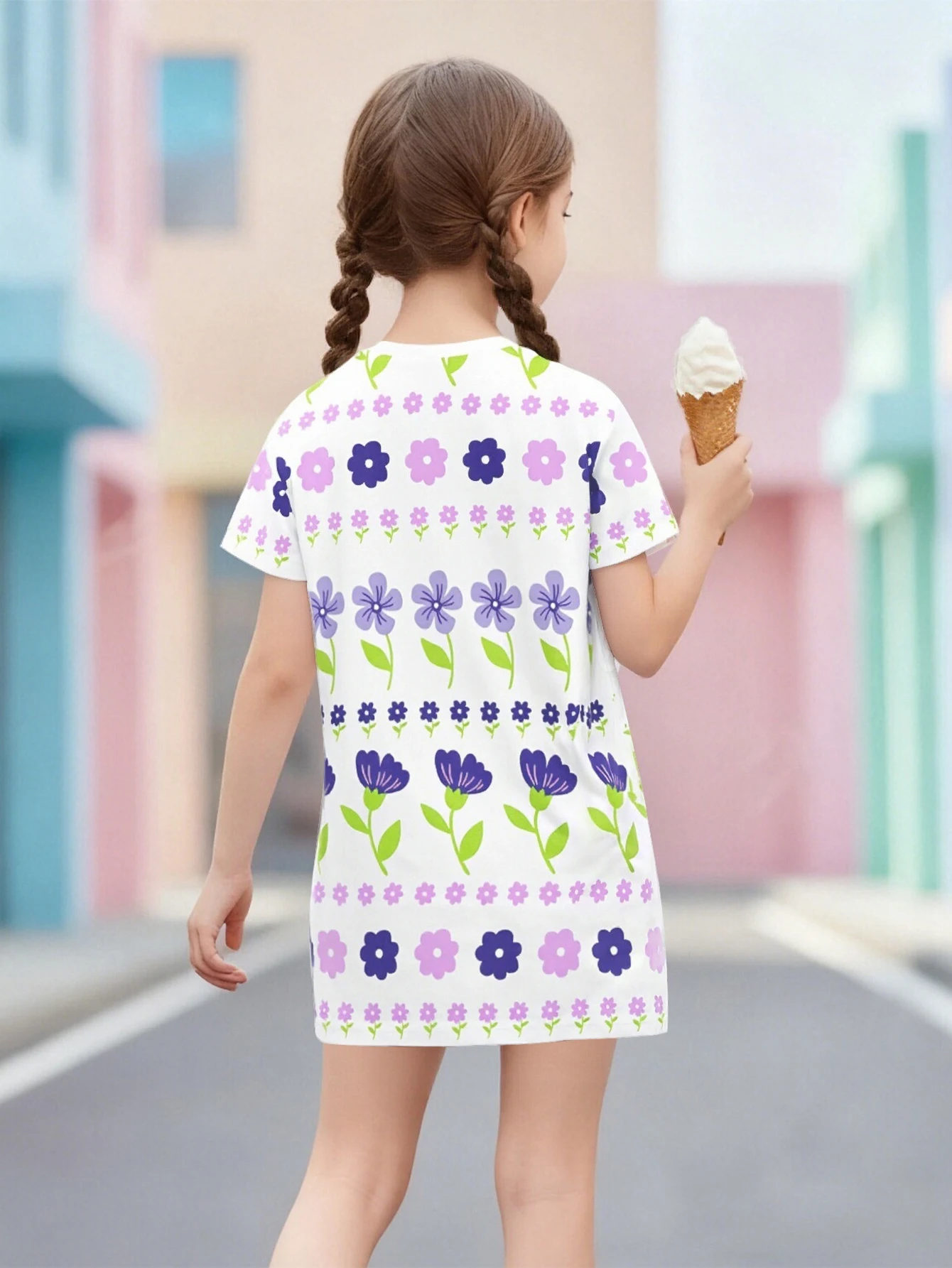 2026 new girls' pink purple and blue floral print short-sleeved T-shirt