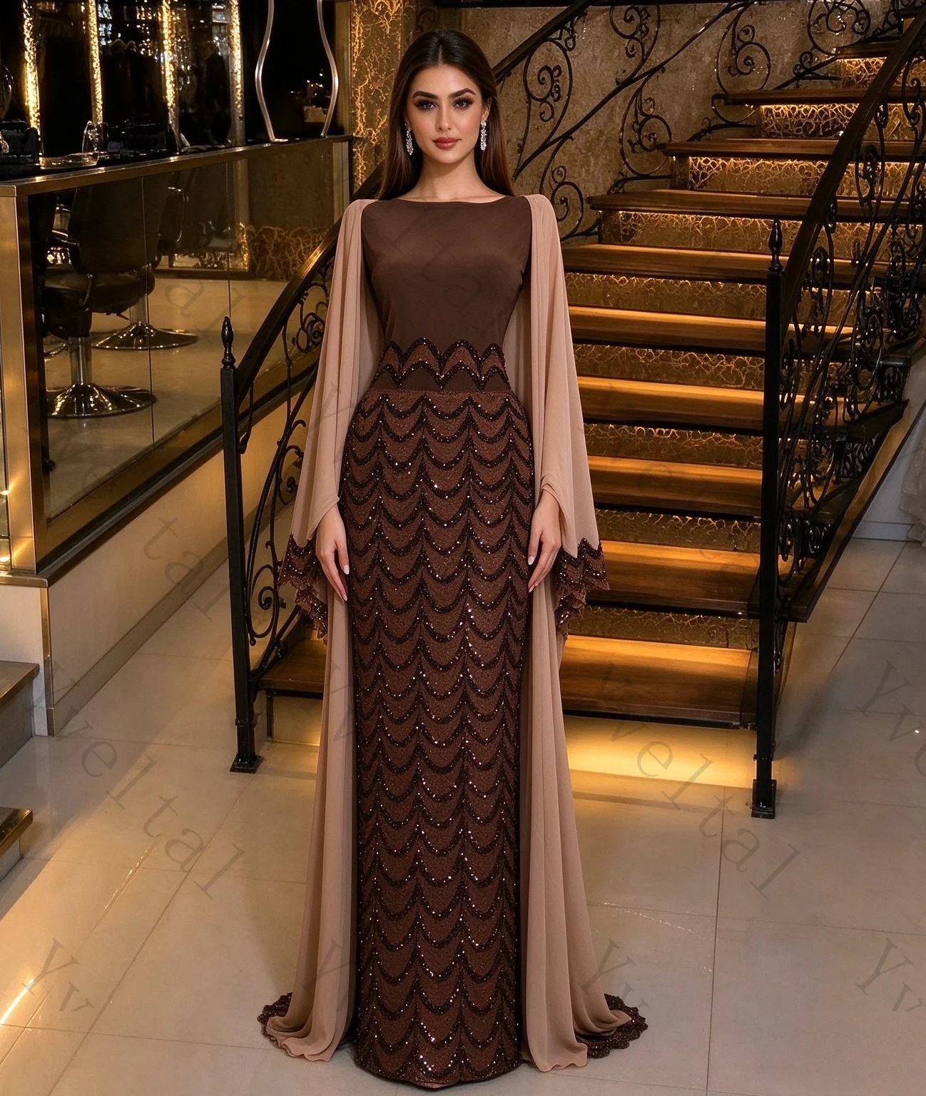 Customized Brown One-Shoulder Capelet Sequin Prom Dress, Slim Fit Floor-Length Gown with Glittering Details for Formal Party
