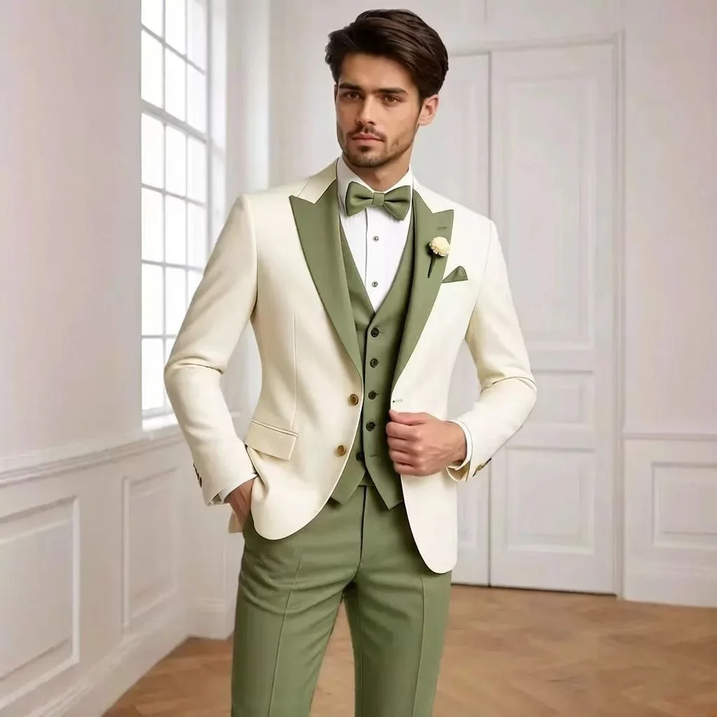 Men British Color Block Spliced Suit European American Luxury Slim Fit 3 Piece Outfit Business Banquet Prom Party Blazer Pants