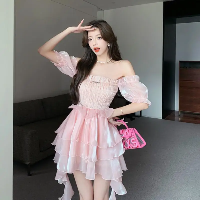 

Japan Dress Fashionable Sweet Gentle Style Cake Tutu Skirt For Women Summer One-Line Collar Off-Shoulder Tube Top Princess Skirt