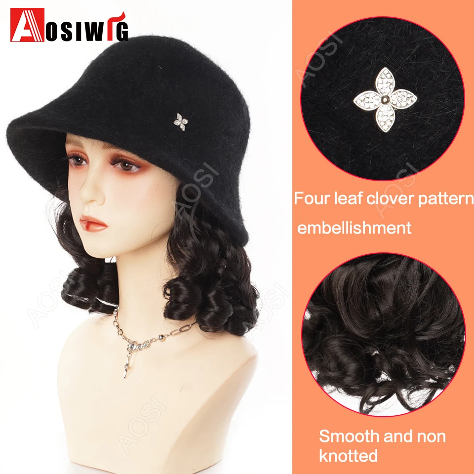 vintage elegant wool small hat Synthetic integrated Hat wig Autumn And Winter fisherman's hat Warm hat wig for women daily wear
