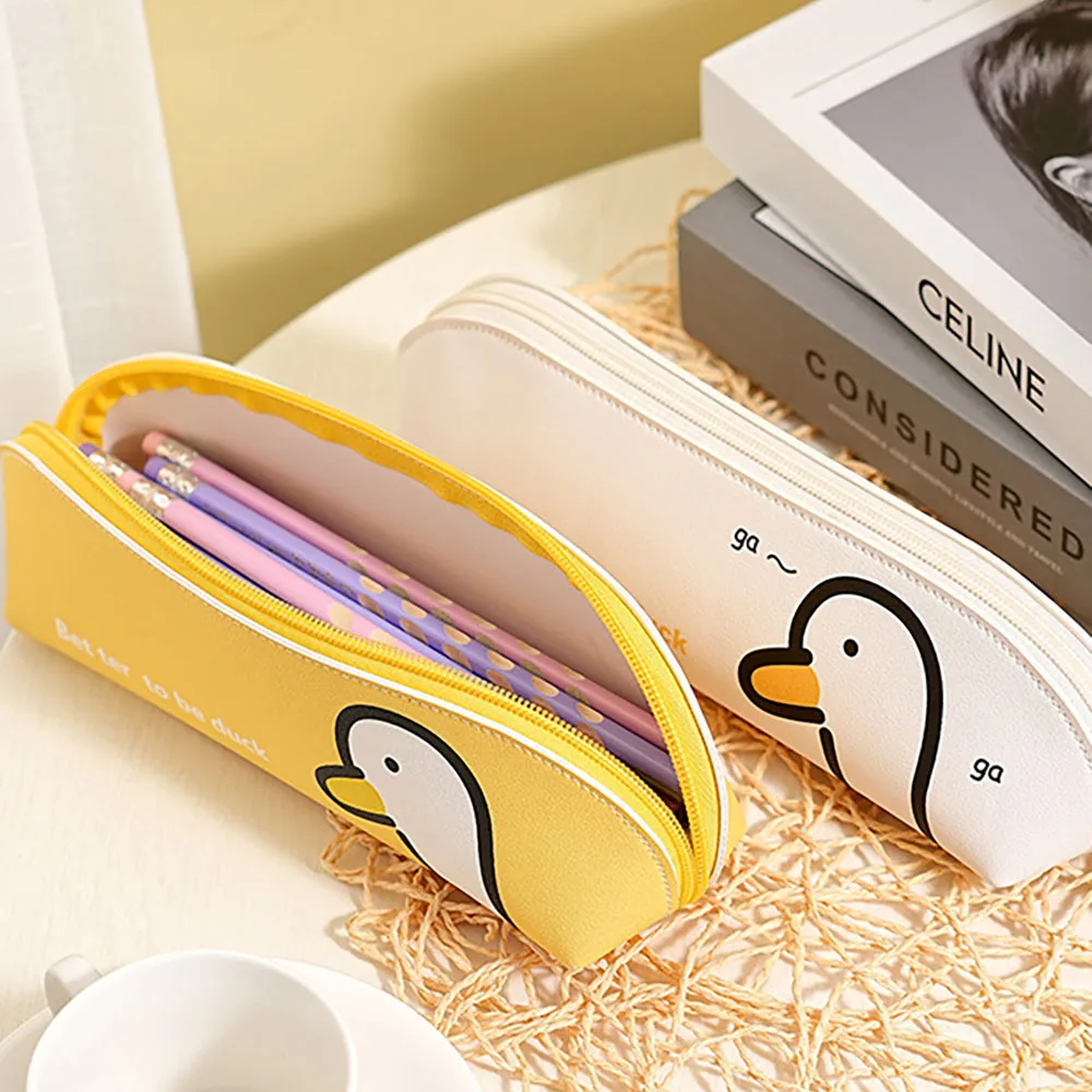 High appearance cute duck cartoon straight pencil case, niche student desktop stationery storage bag