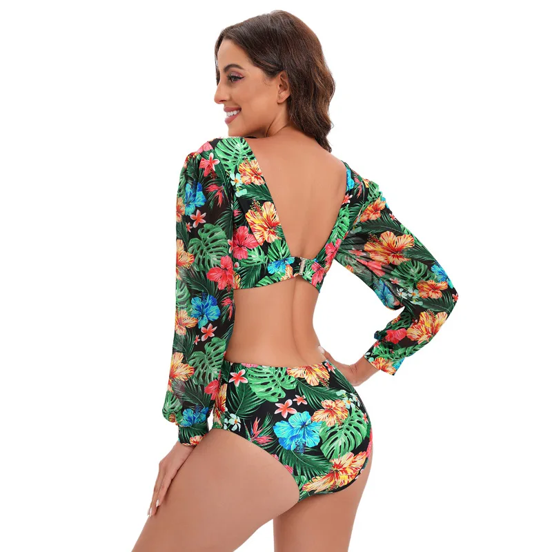 Cikini Traje de baño de una pieza de manga larga sin espalda, traje de baño con cuello en V y cordones de cintura alta para mujer
