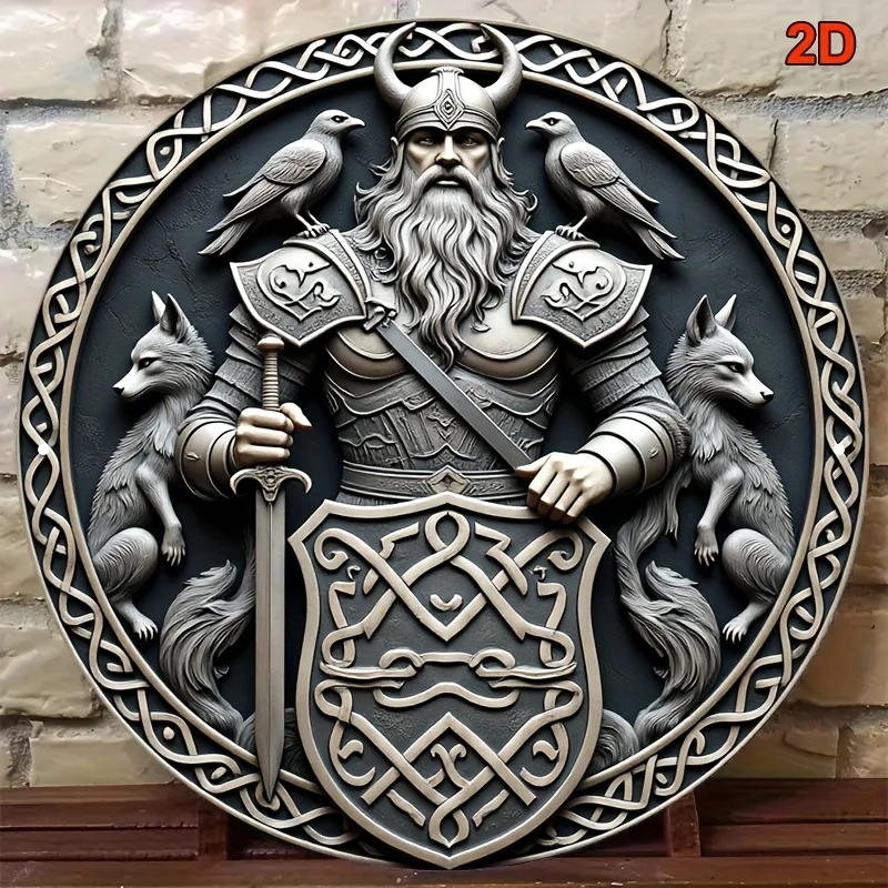 Odin Wolf Raven Viking Metal Wall Art, 8x8 Inch Norse Round Sign, Durable Iron Decoration for Bar Game Room Living Room Office