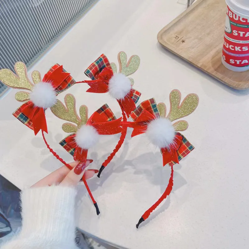 Diadema navideña para niños y adultos, sombrero con lazo de astas de ciervo de felpa, banda para el pelo navideña, regalos de Año Nuevo, accesorios para fotos