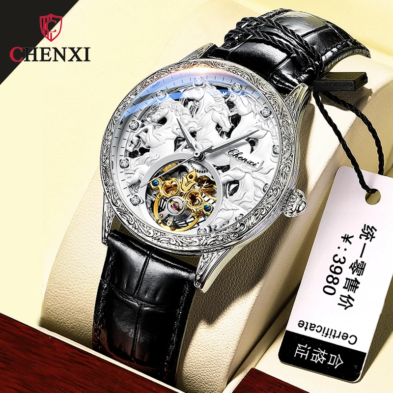 2023 CHENXI Watch Men Fashion Design Horse Watches Leather Strap Automatic Mechanical Watches Men Luxury Tourbillon Wristwatches