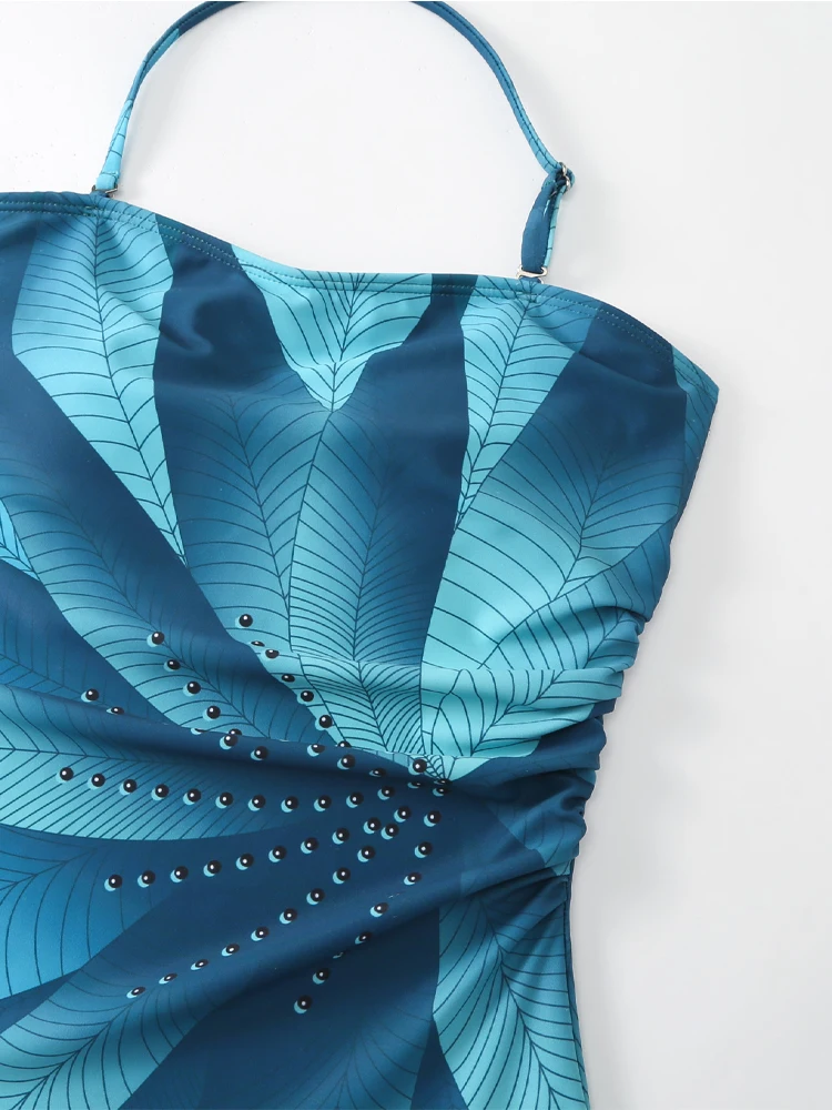 Bañador de una pieza con estampado de hojas azules para mujer, traje de baño elegante de cintura alta con cuello colgante, Bikini francés cubierto