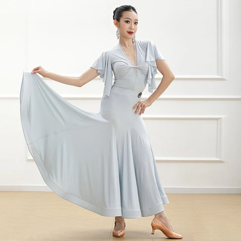 

2026 Blue Ballroom Dance Dress Standard Performance Costume Women Modern Dancing Outfit Waltz Social Dance Training Skirt 5567