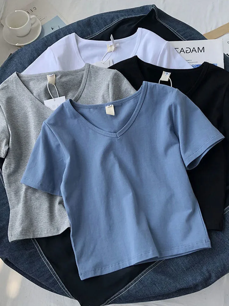 

Fitness V-neck Short-sleeved T-shirt Women 2022 Summer Students Korean Version Slimming High Waist Breathable Navel Short Tee