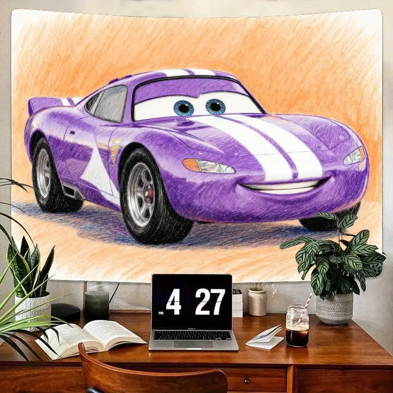 

Яркий фиолетовый гобелен с мультяшным гоночным автомобилем, современный настенный художественный декор для детской спальни для мальчиков, подарок для любителей автомобилей и гоночных вентиляторов