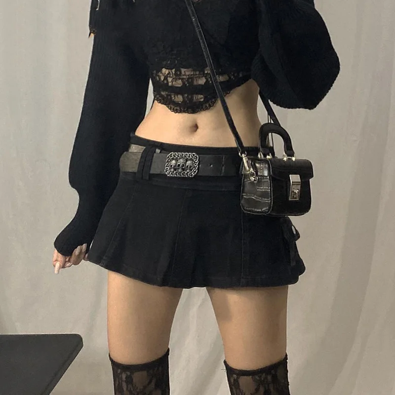 Women\'s skirt Gothic Mini skirts Low Rise Black ​Pocket Patchwork A-Line Skirt Aesthetic Harajuku have leggings korean fashion