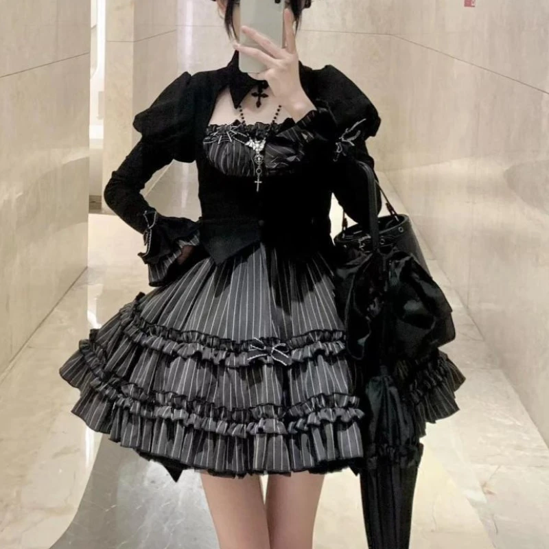 

Новый комплект Subculture Gothic Lolita из 2 предметов, женские дизайнерские топы Y2k + полосатая пышная юбка, японская винтажная милая тонкая одежда для мероприятий