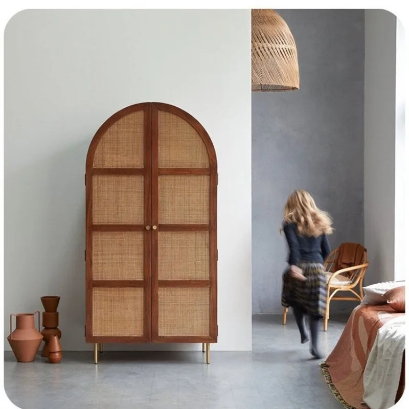 

Wabi-sabi style solid wood rattan wardrobe bedroom home storage locker B&B hotel vintage arch storage wardrobe