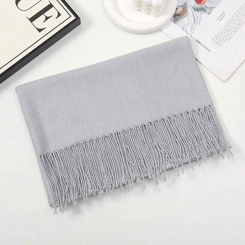 Bufanda de Pashmina lisa con borlas para mujer y hombre, bufandas cálidas de otoño e invierno, envolturas largas de moda, Cachemira Lisa como mulffer
