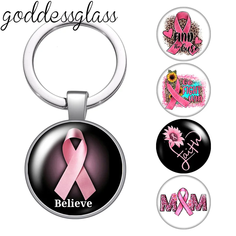 LLavero de cabujón de cristal de 25mm para mujer, cinta rosa de belleza, fotos de fe del cáncer de mama, bolsa, llavero de coche, soporte de anillo, dijes, regalo