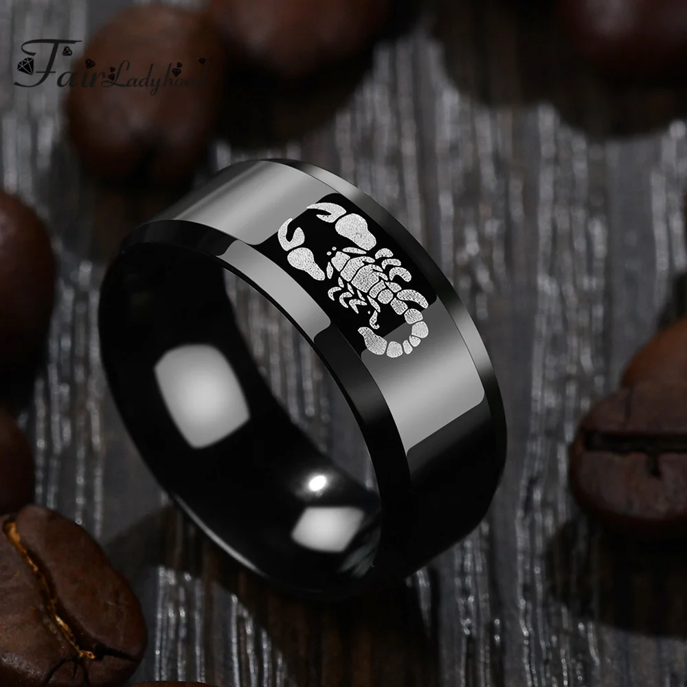FairLadyHood High Quality 8mm 316L Stainless Steel Scorpion Rings For Men Punk Black Finger Rings Gothic Polished Wedding Bands