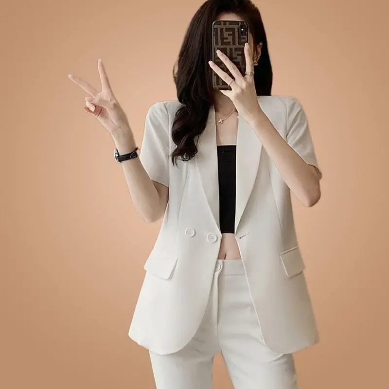 Women's 2024 Summer New Fashion Professional Suit Two Piece Korean Elegant Short Sleeved Blazers Jacket Pants Matching Set