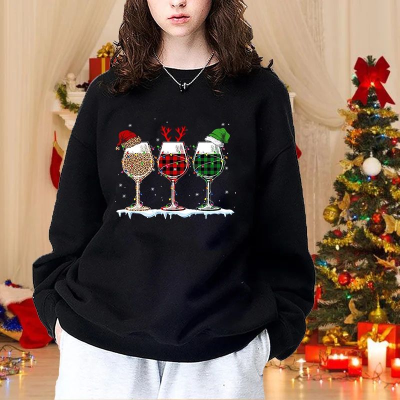 New Fashion Christmas Red Wine Glass Sweater Casual Long Sleeve Loose Women's Pullover Red Wine Glass Sweatshirt Top