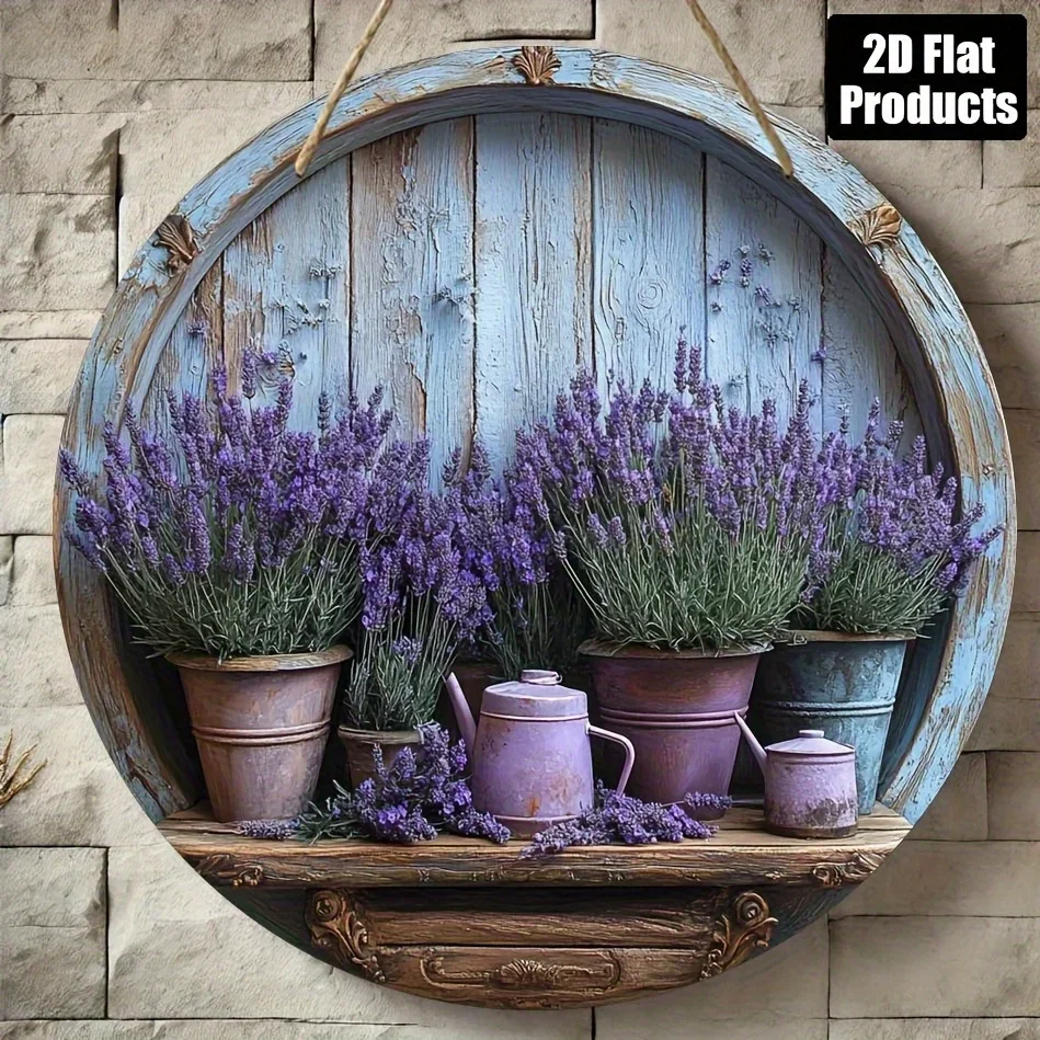 2D flach, 1 Stück, rundes dekoratives Holzschild mit Lavendel-Thema, geeignet für Bar, Küche, Café, Zuhause, Wohnzimmer