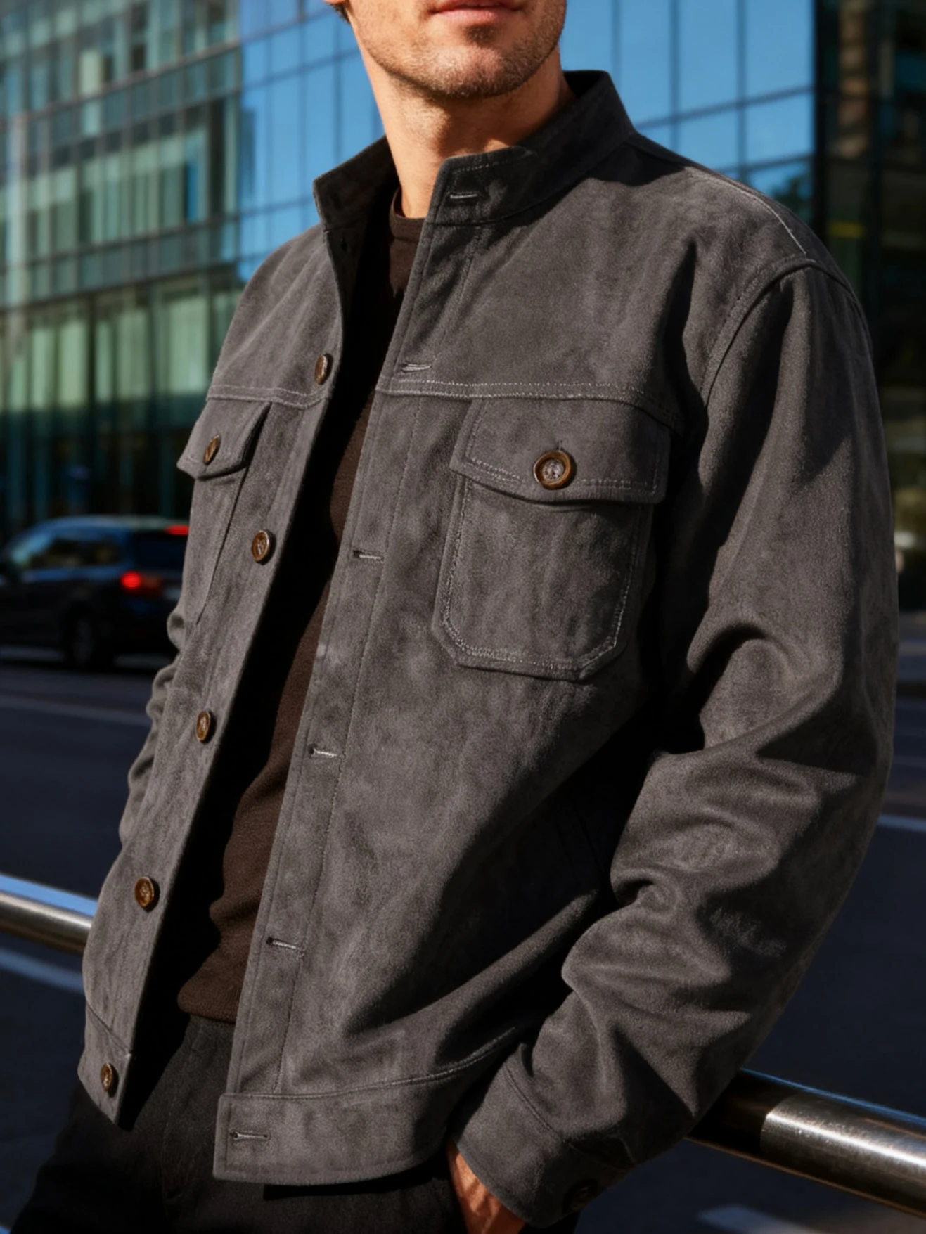 Men's Retro Stand Collar Faux Suede Trucker Jacket Vintage Button Front Casual Chest Pockets Street Work Outerwear