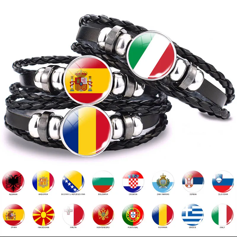 Southern European Flag Collection Silly Punk Bracelet Men's Black Leather Italy Spain Portugal Macedonia Greece Flag Bracelet