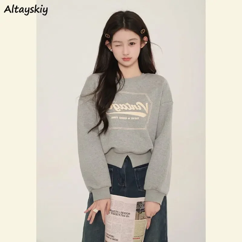 

Толстовки женские осенние плюс бархатные свободные повседневные толстовки с разрезом и буквенным принтом модная простая универсальная уличная одежда с круглым вырезом дизайн