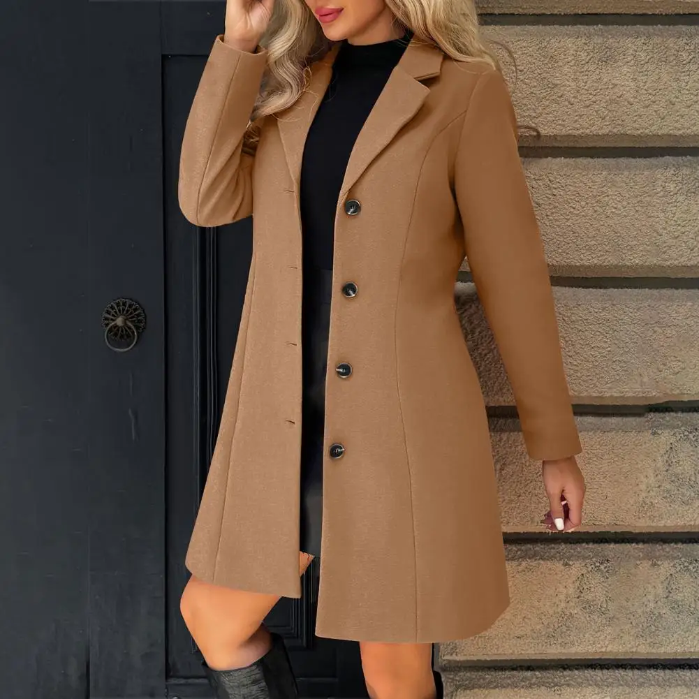 Women's Autumn/Winter Notch Lapel Solid Fashion Long Coat Versatile Button-Up Wool Blazer Stand-Up Collar Blazer Winter Coat