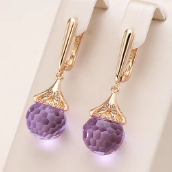 Kinel New Fashion 585 Rose Gold Round Purple Crystal Ball Drop Earrings For Women Wedding Party Luxury Trendy Daily Jewelry