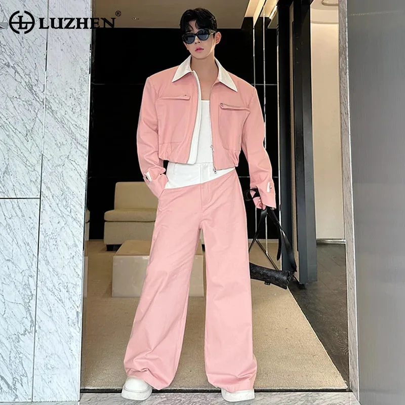 LUZHEN Original Color Contrast Neck Design Elegant Coat Straight Casual Pants Men's 2024 Spring Fashion Two-piece Sets LZ8407