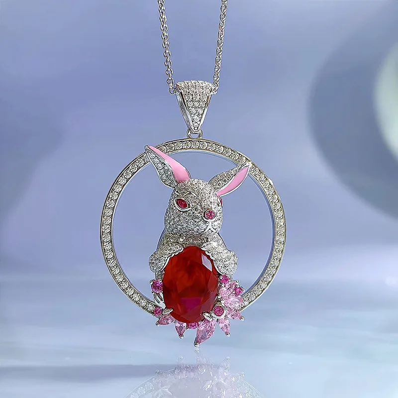 

S925 Silver Rabbit Pendant 10 * 14 Pigeon Blood Red High Carbon Diamond Full Diamond Necklace Wholesale for Women