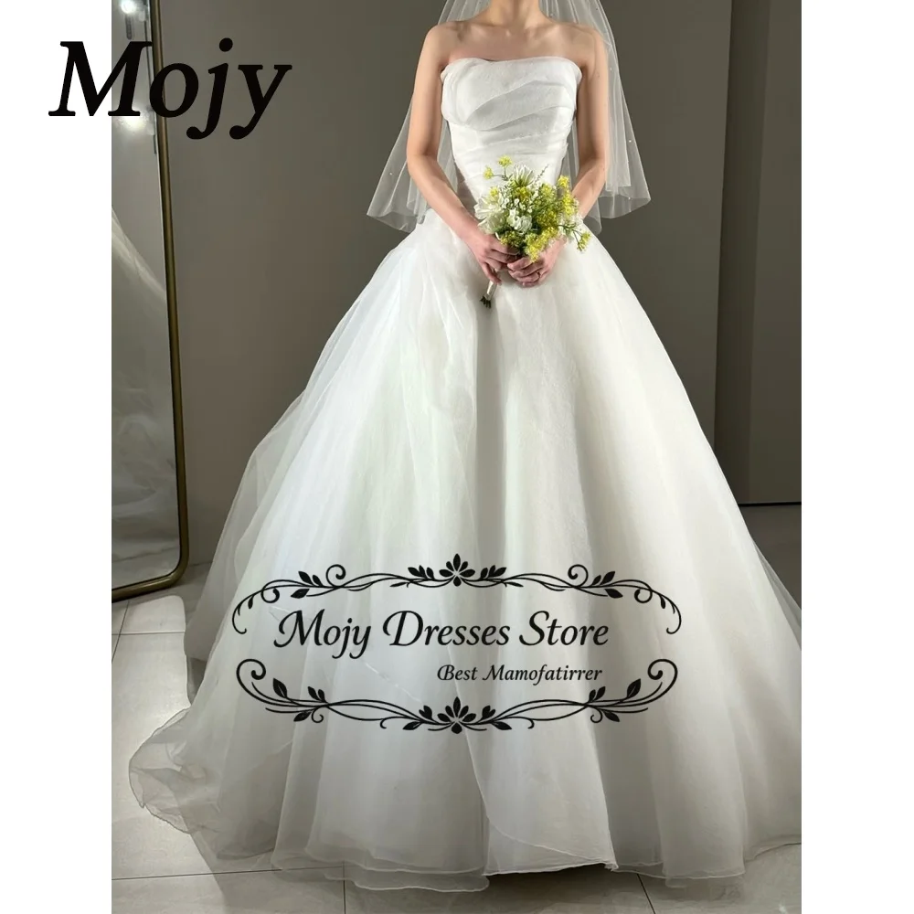 

Mojy Customized Off Shoulder Organza Simple Ivory Wedding Dresses Lace-up Short Sleeves Korea Brides Gowns Women Bridal Dresses