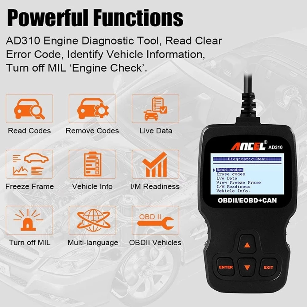 ANCEL AD310 Car Full OBD2 Diagnostic Tools OBD ll Automotive Professional Auto Code Reader Scanner Check Engine Light DTC Lookup