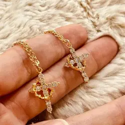 Rotatable Crown Cross Zircon Choker Necklace Earrings Rings for Women Stainless Steel Cross Chain Christian Prayer Jewelry Gift
