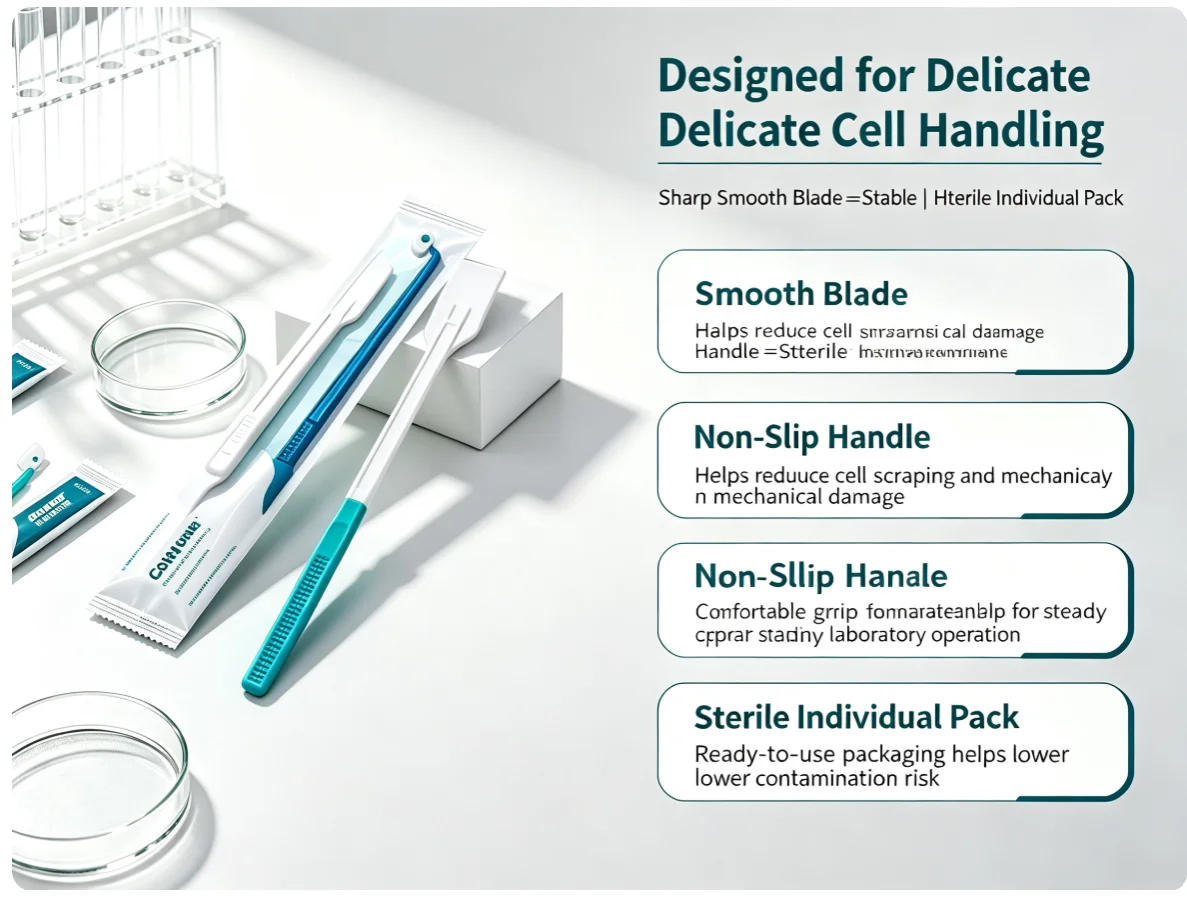 Sterile cell scrapers PE/PP/TPU with rotatable heads, individually packed, 10/50 pcs, cell scraper lab consumables