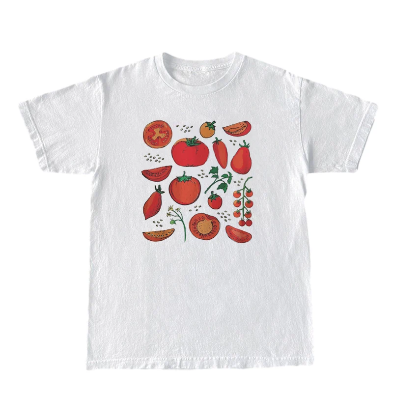 Vintage Boho Tomato Print T Shirt Fruit Botanical Graphic Tee Shirt Aesthetic Garden T-shirt Women Vegan Cottagecore Clothes