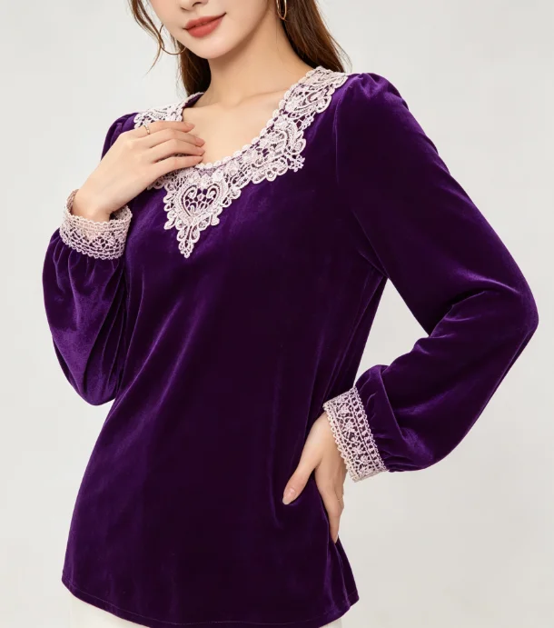 Samt-Oberteil mit Spitzenausschnitt für Damen, V-Ausschnitt, Herz-Spitzenverzierung, lange Ärmel, Vintage-Freizeithemd – Detail 2