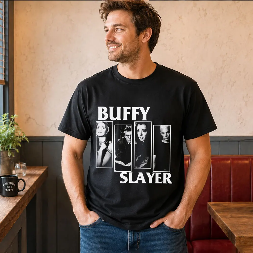 Buffy Inspired Graphic T-Shirt, 0810 Vintage Vampire Slayer Print Tee ,Retro Horror Series Short Sleeve Casual Shirt US Size Top