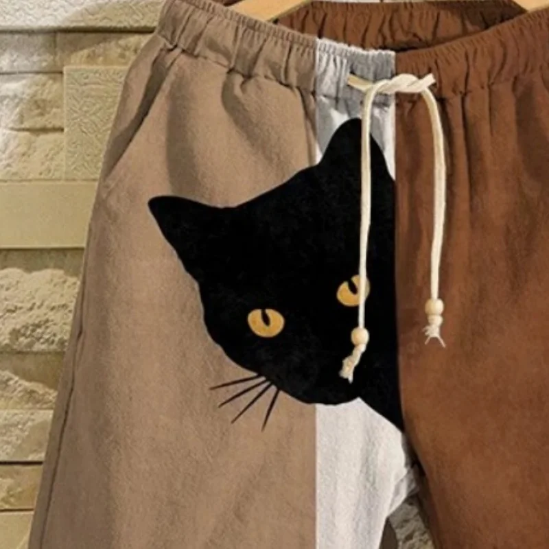 Men's Fun Hide And Seek Black Cat Print Casual Shorts Funny Knee-Length Short Pants 2025 Summer Oversized Elastic Waisted Bottom