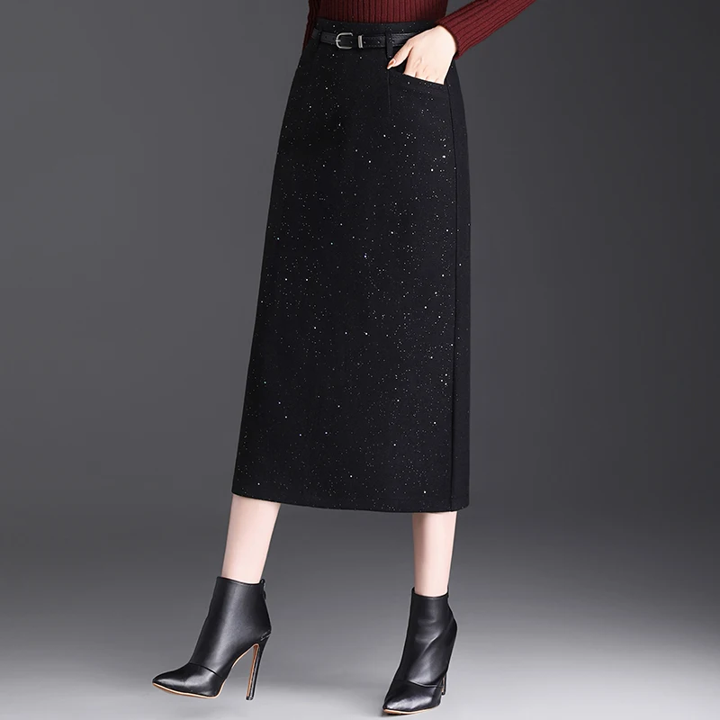 

High Waist iny Sequin Woolen Skirt Women's Autumn Winter Slim Fit mid Length Wrap around Skirt Commute Friendly