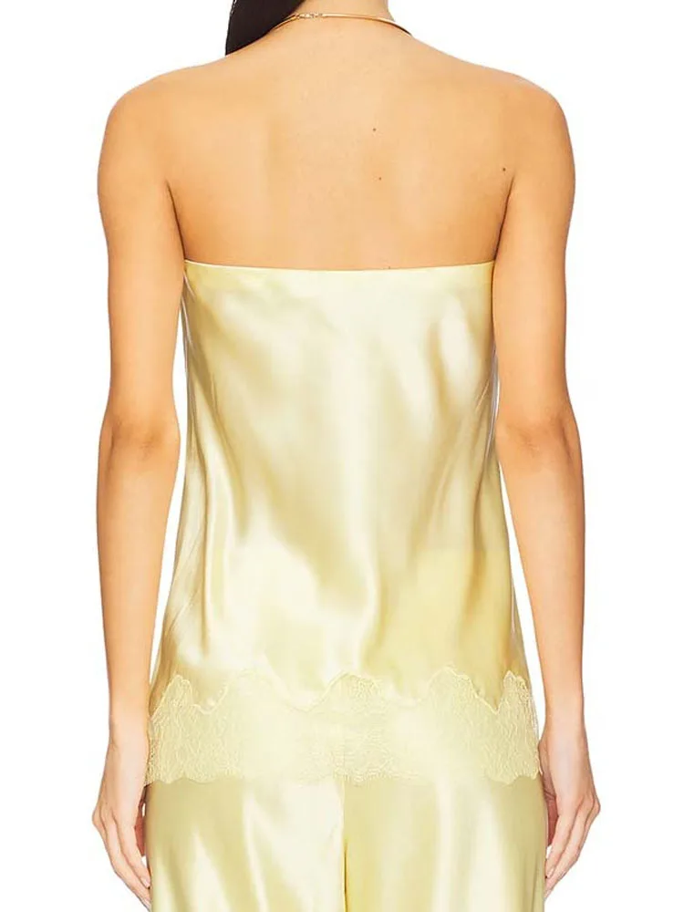 Women Sexy Sleeveless Solid Outfits Fashion Embroidery Patchwork Satin Solid 2Pc Suits Elegant Strapless Tops & Long Pant Sets