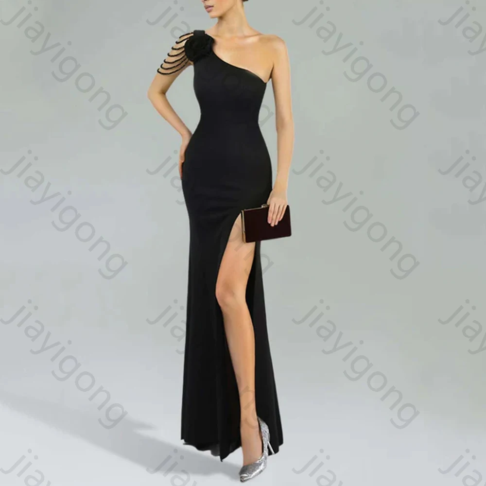 

Elegant One Shoulder Evening Dresses Black 3D Flower Mermaid Long Dress Exquisite High Quality Prom Party Gowns Women Customized