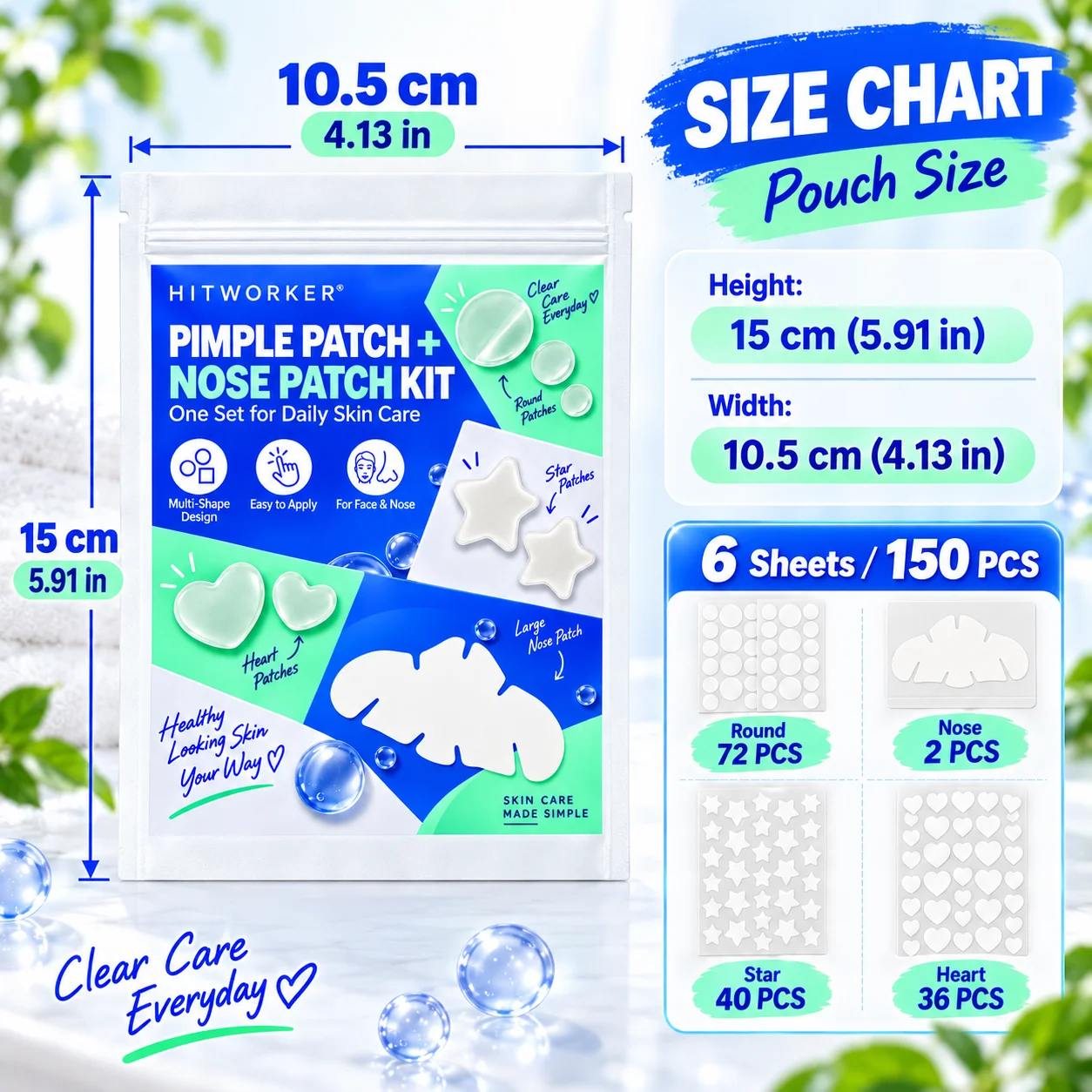 150PCS Hydrocolloid Pimple Patch & Nose Patch Set Star Heart Round Face Patches Waterproof Ultra Thin Skin Care Kit