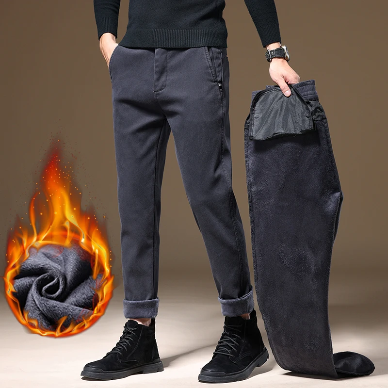 

Mens Winter Plush Casual Pants Light Business Slim Straight Tube Version Elastic Waist Head Pants with Thick Fleece Warm Trouser