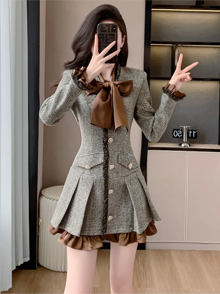 

Spring Elegant French Tweed Dress Autumn New Bow Spliced Pleated Single Breasted Short Dresses Office Lady New Female Clothes